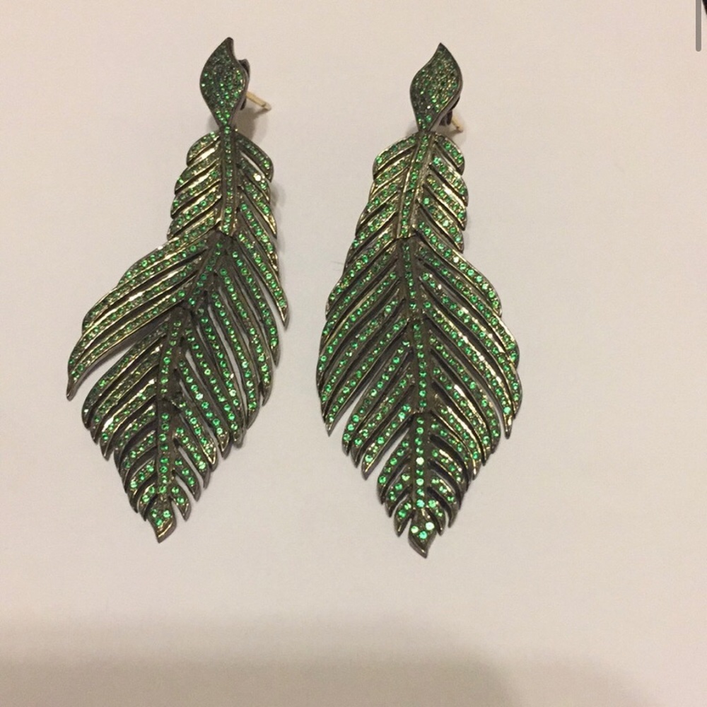 Genuine green tsavorite 14k vermeil silver earrings. Trendy. Feather. Dangling.